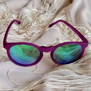 Goodr Glasses +bag// purple with green and blue reflective lenses.